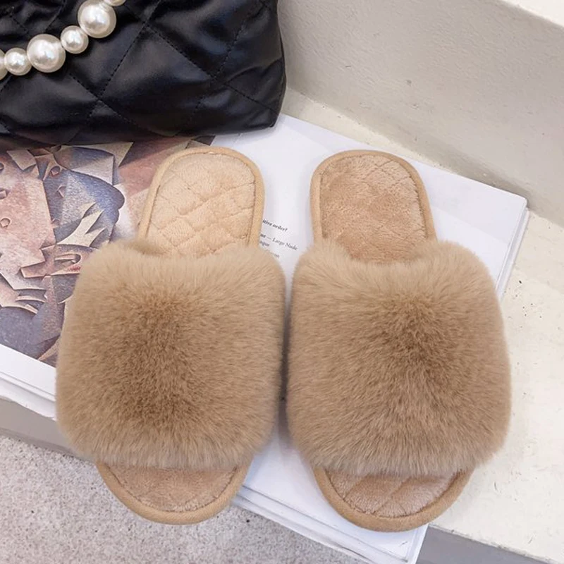 

2021 Winter New Women House Slippers Faux Fur Fashion Open Toe Warm Plush Flat Shoes Furry Flip Flops Female Indoor Soft Slides