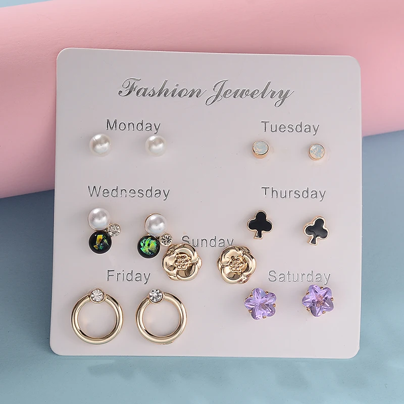 7PRs/set Women Earrings Sets One Week Cute Stud Rhinestone Girls Kids Earring Set | Украшения и аксессуары