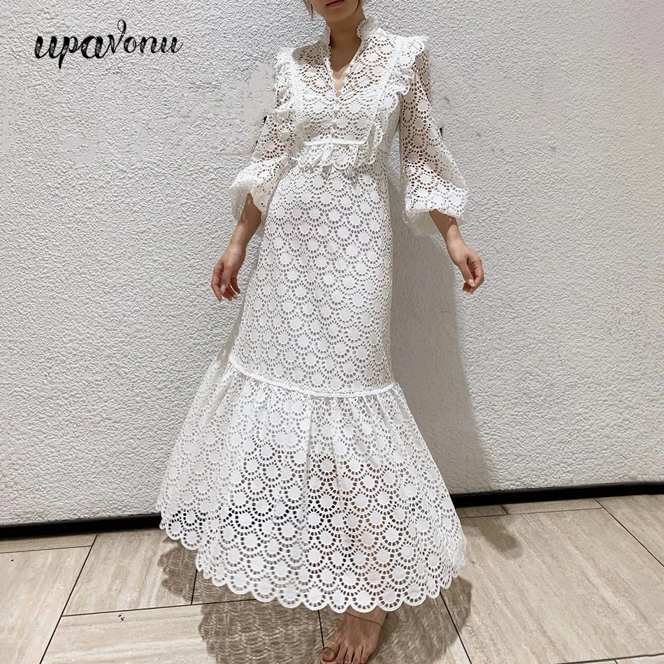 

Женское длинное вечернее платье, белое ажурное платье с вышивкой, V-образным вырезом, рукавами-фонариками и оборками, 2021