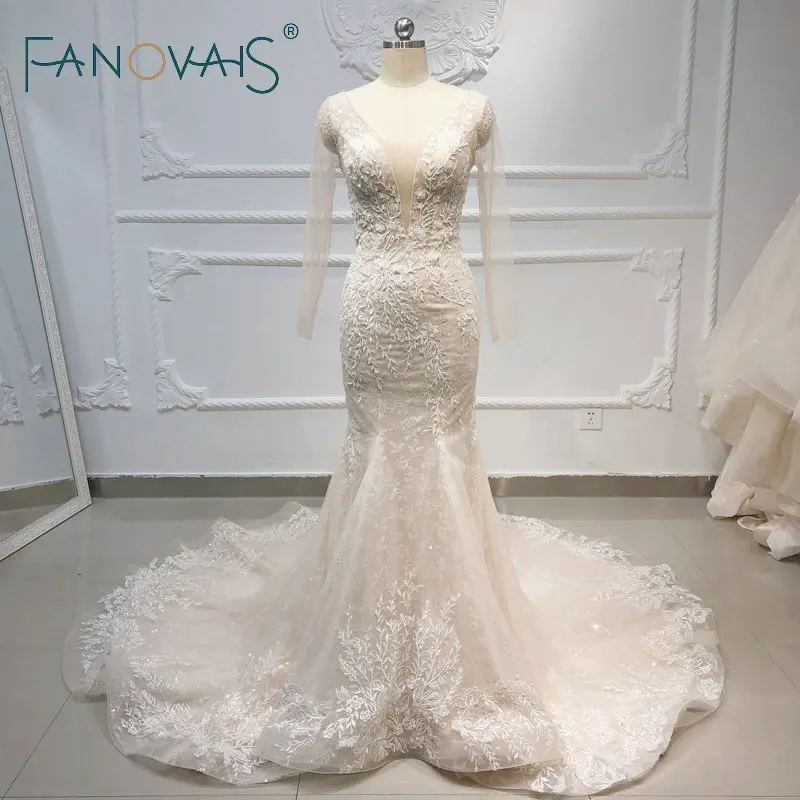 FIDDY898 шампанское элегантный Свадебные платья Русалочки одежда с длинным рукавом