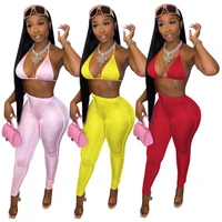 sexy solid bodycon two piece sets club outfits for women summer y2k clothes halter bra top high waist trousers ladies pant suits