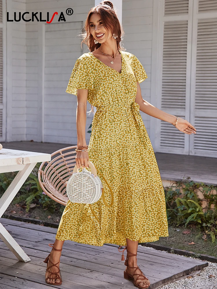 

Lucklisa Floral Print Tiered Dress V-Neck Ruffle Sleeve Summer Maxi Dress For Women Short Sleeve Lady Elegant Holiday Dresses