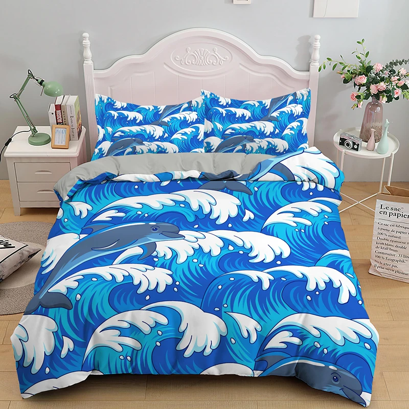

3D Dolphin In Blue Sea Queen King Size Bedding Sets Animal Single Quilt Duvet Cover Set Kids Adult Bed Linen Bedclothes