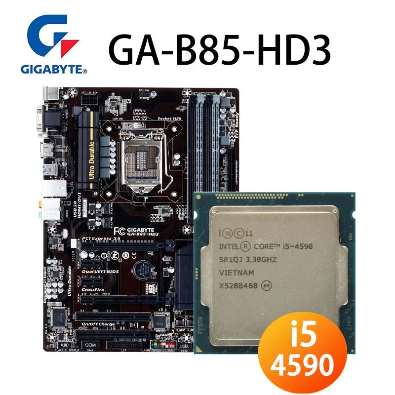 Online LGA 1150 Gigabyte B85-HD3 Motherboard + CPU Intel Core I5 4590 Motherboard Set LGA 1150 I5 4590 DDR3 32GB Desktop B85 Placa-mãe