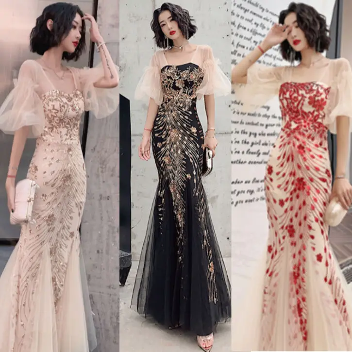 New 2021 Women's Banquet Dresses Maxi Hollow Lace Wedding Dress Sexy Ladies Evening Party Mermaid Dress Mesh Trumpet Dress