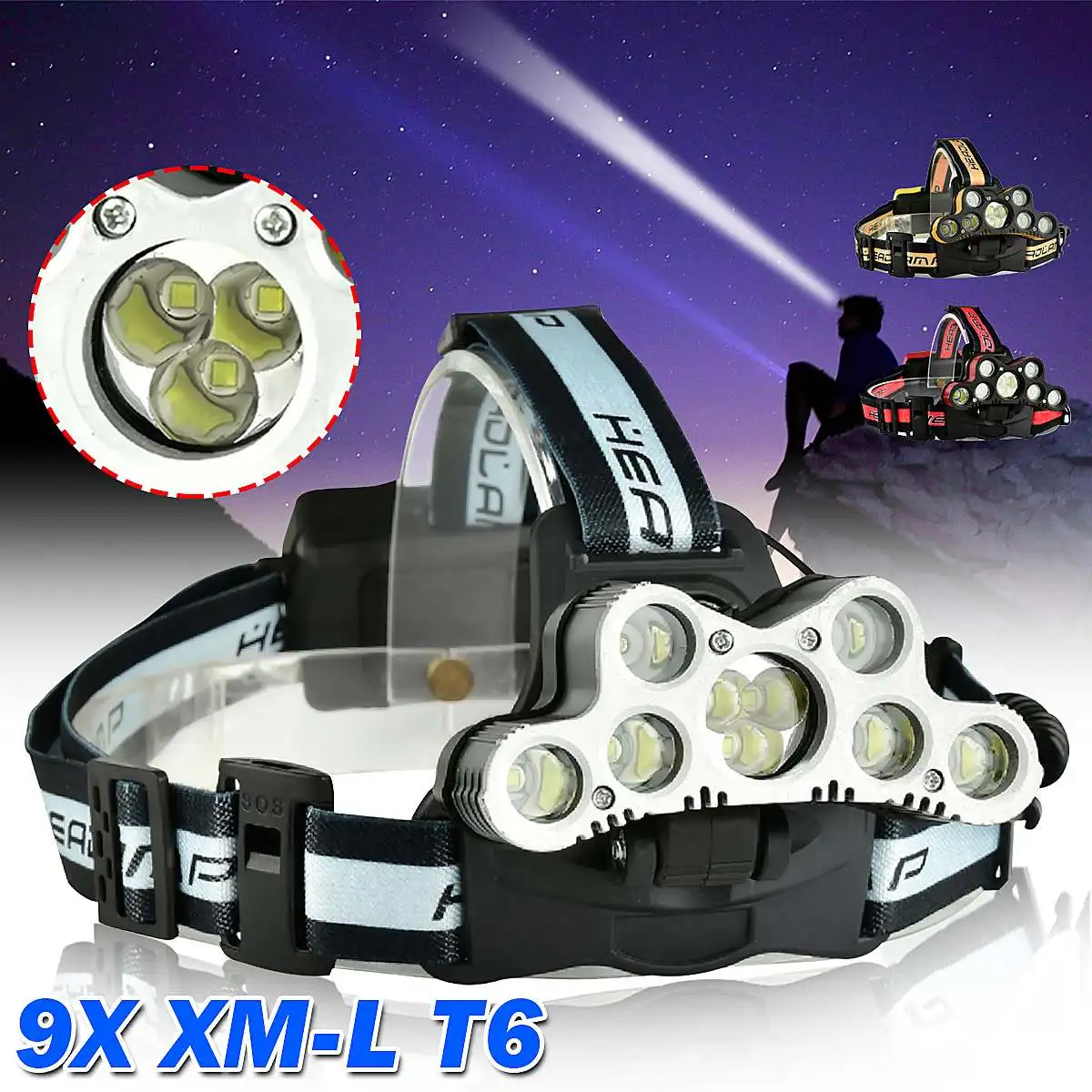 

Налобный фонарь 9xT с 6 светодиосветодиодный и зарядкой от USB, 1200 люмен, 2501-B