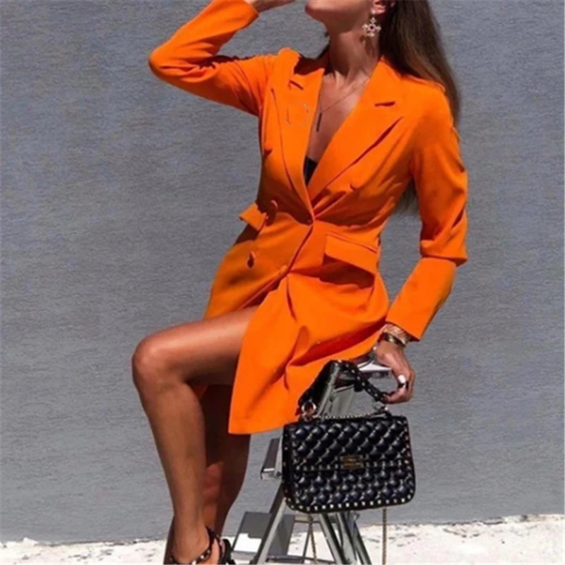 Платье Блейзер женское винтажное двубортное длинный черный приталенный пиджак в