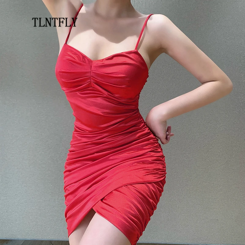 

Top Sexy Fashion Suspender Dress Summer Ladies Deep V-Neck Folds Slim Temperament Strapless Birthday Party Bridesmaid 2021
