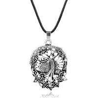 vintage silver color tone viking amulet tree of life runes pendant necklace leather rope chain necklace colar jewelry