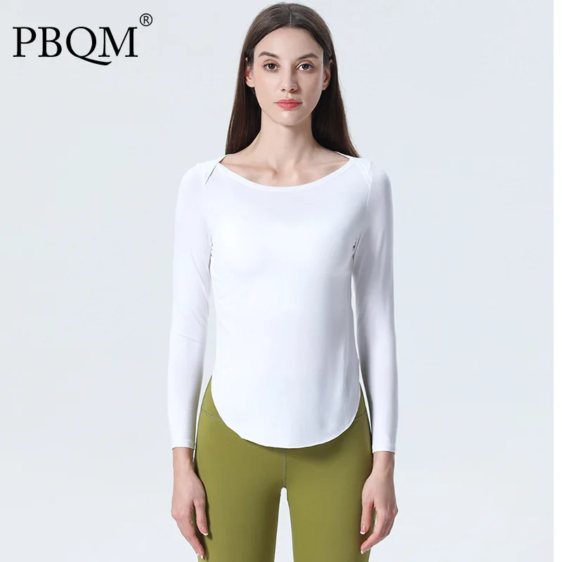 

Осенняя белая футболка PBQM с длинным рукавом для йоги 2021, универсальный Простой Тонкий Топ, блузка, Свободная Женская одежда для фитнеса, дыш...