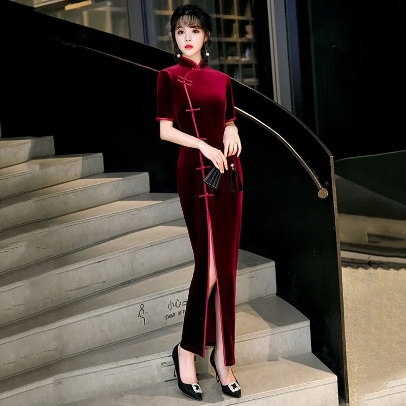 

Платье-Ципао женское велюровое однотонное с разрезом спереди, пикантный длинный китайский воротник-стойка, элегантное в китайском стиле, б...