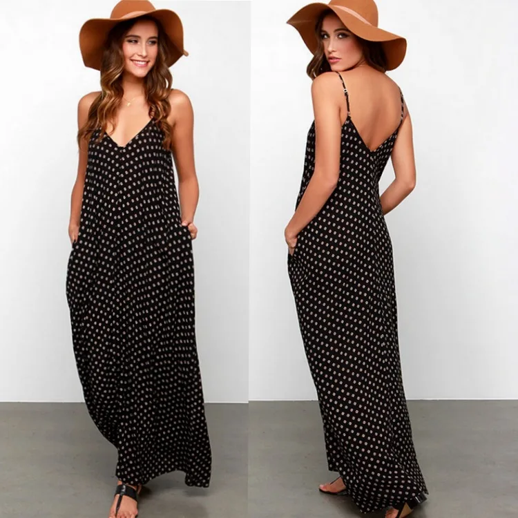 

Summer new maternity dress sling wave point v-neck pocket big swing temperament pregnant women dress beach long skirt