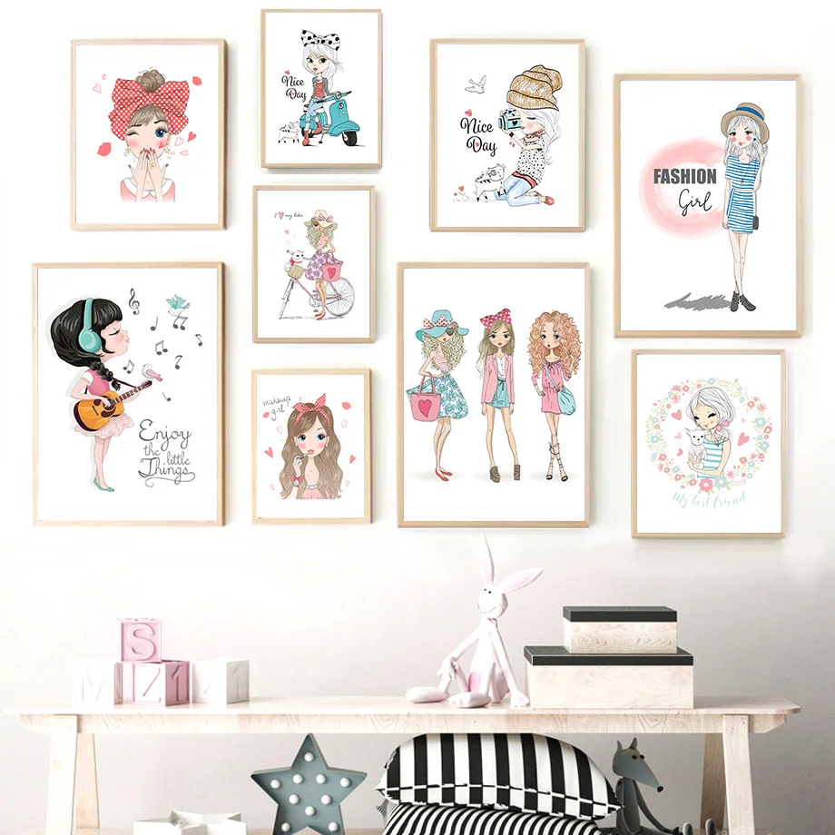 

Flower Fashion Girl Makeup Artist Bicycle Wall Art Canvas Painting Nordic Posters And Prints Wall Pictures For Kids Room Decor