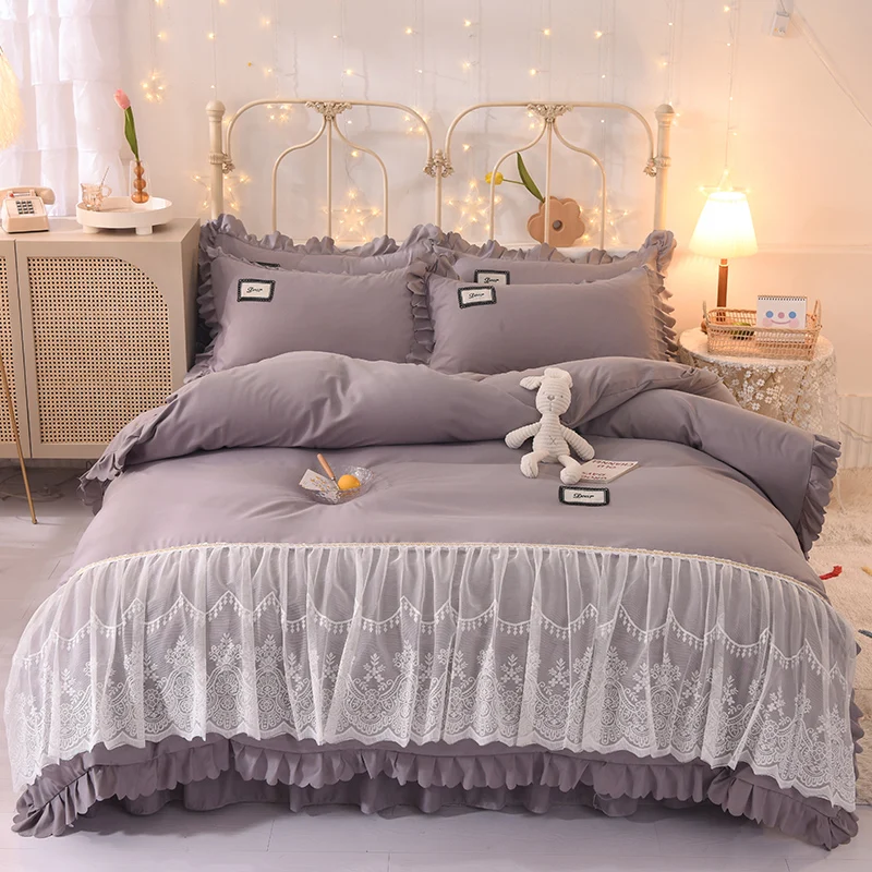 

Princess Bedding Set Korean Lace Duvet Cover Bed Sheet Or Skirt Cotton&Polyester Solid Pink Bedclothes For Girl Home Textile