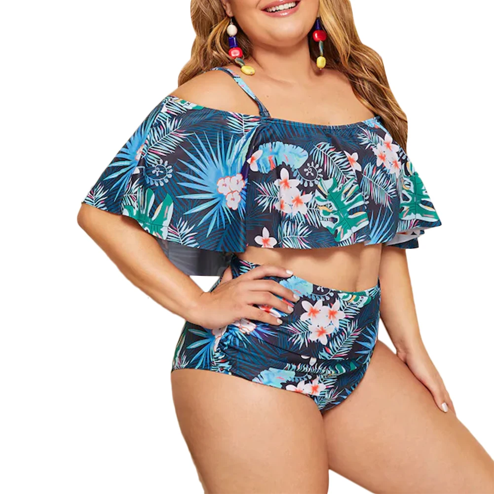 Женский комплект бикини купальный костюм с синими тропическими растениями и