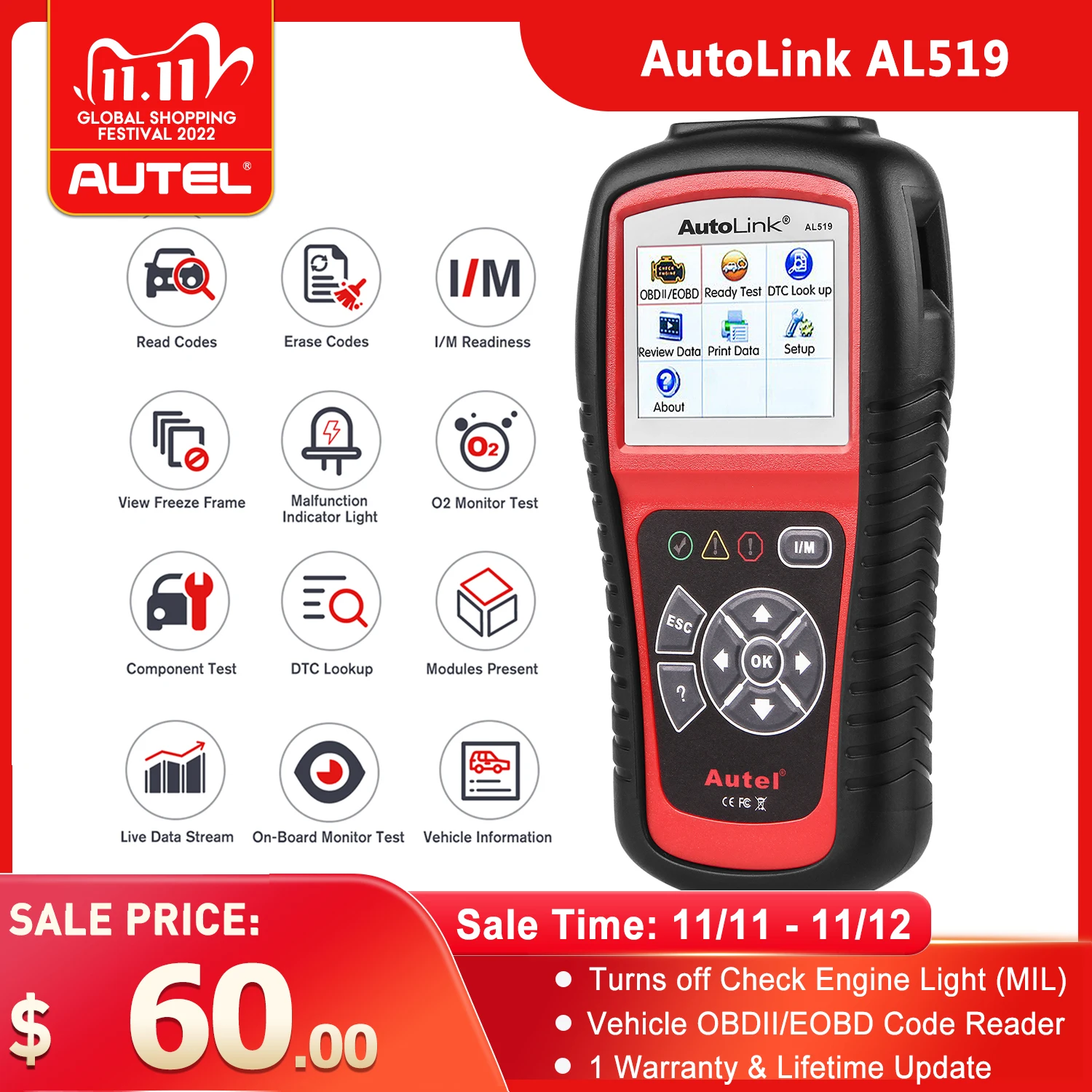 

Оригинальный Autel AL519 OBD2 сканер автомобильный диагностический инструмент AutoLink AL519 OBD ll сканирующий инструмент считыватель кодов EOBD диагности...