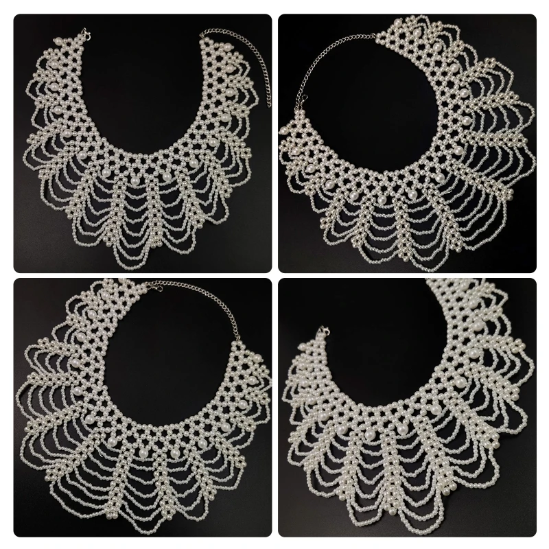 

Women Pearl Beaded Bib Choker Necklace Flower Petal Jewelry Fake Collar Dicky