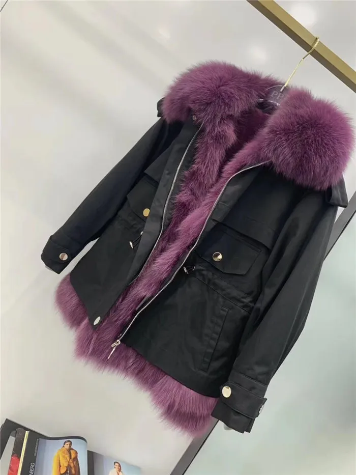black with purple Женские Новые парки шуба из натурального Лисьего меха теплая Толстая съемная меховая подкладка из натурального меха лисы женская зимняя куртка - Цвет: black with purple