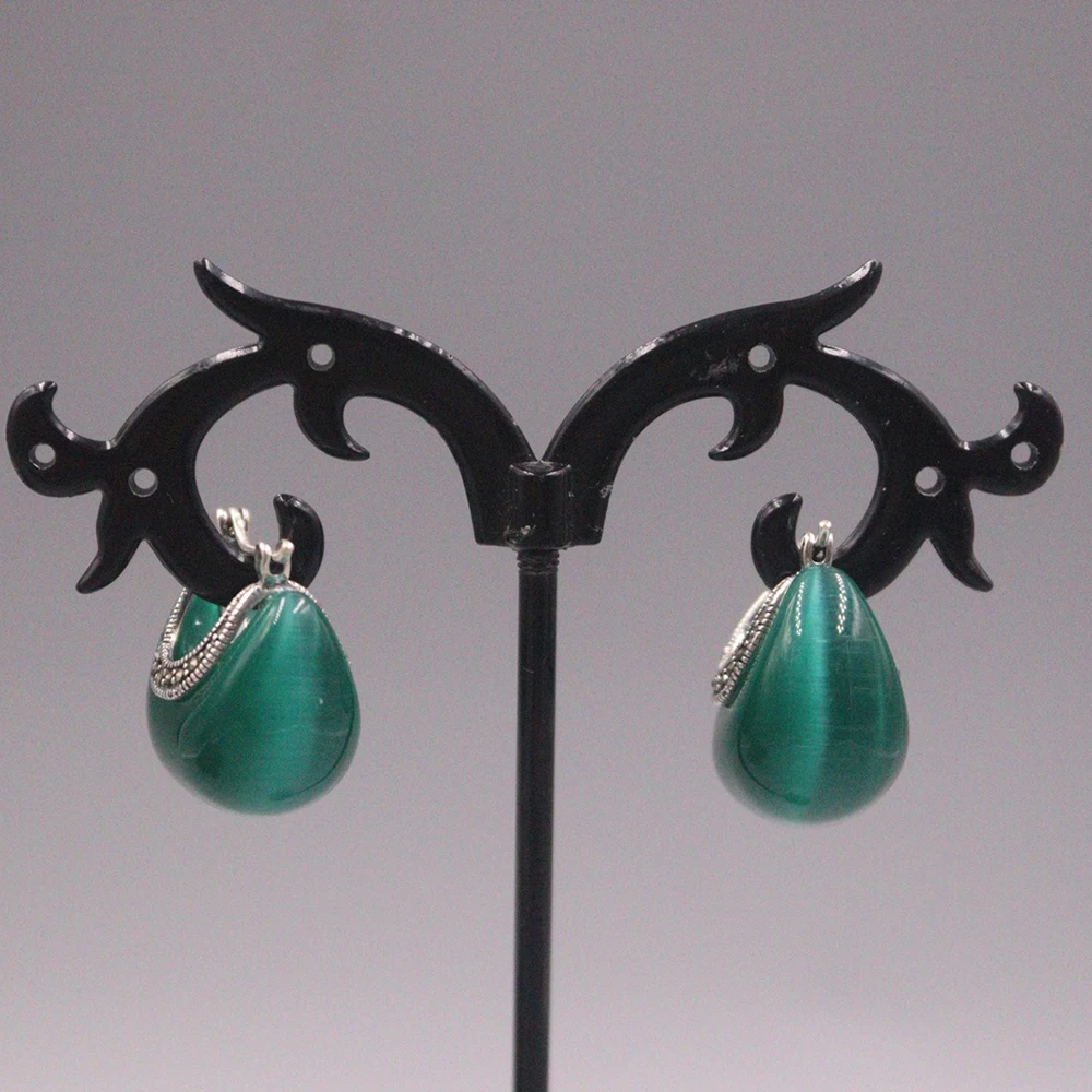 

Real Silver 925 Earrings Stud For Women Female Girl Gold Green Cat'eye Stone National Style Stud Earrings Personality