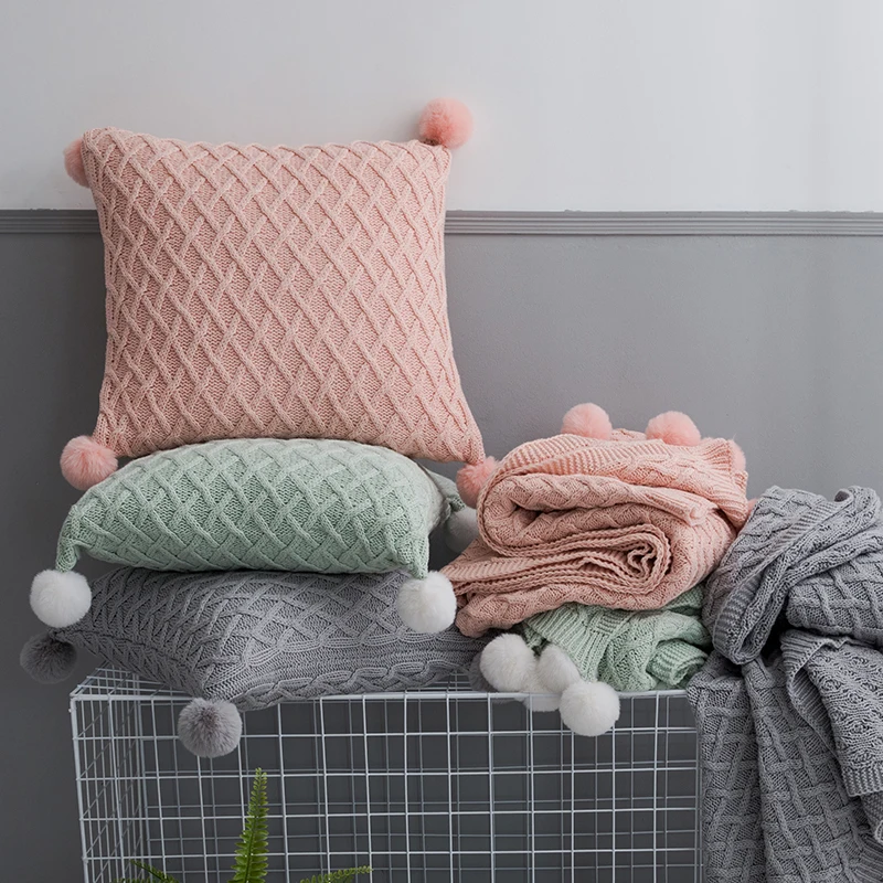

Knit Cushion Cover Vintage Pink Grey Light Green Solid Pillow Case 45cm*45cm Soft with Pom Pom Ball Nursery Room Decoration