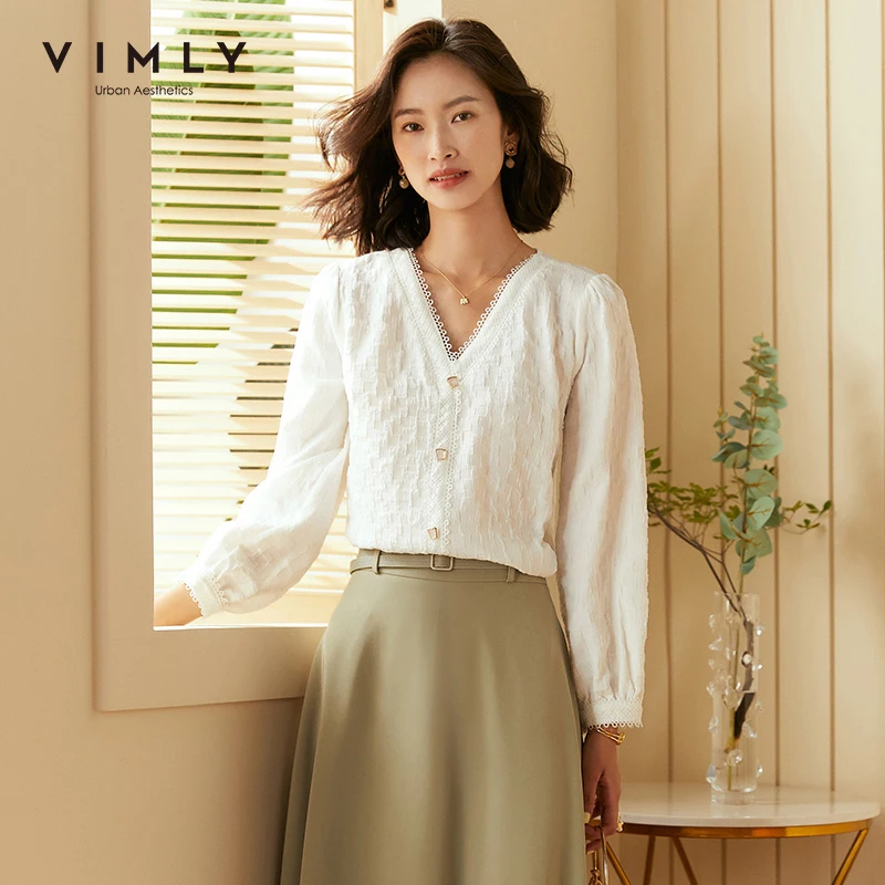 

Vimly Women's Blouse Fashion V Neck Solid Buttons Puff Sleeve Autumn Clothes Office Lady Pullovers Female Chiffon Shirts F2168