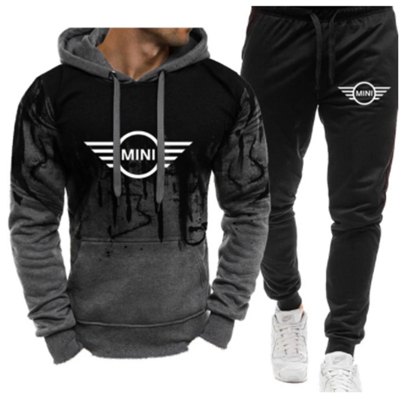 

2021 New Hoodie Men MINI Logo Print Casual Hip Hop Long Sleeve Hooded Sweatshirt +pants casual sports mens set