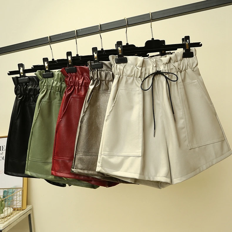 Осенние зимние кожаные шорты бежевые красные зеленые Серебристые серые черные