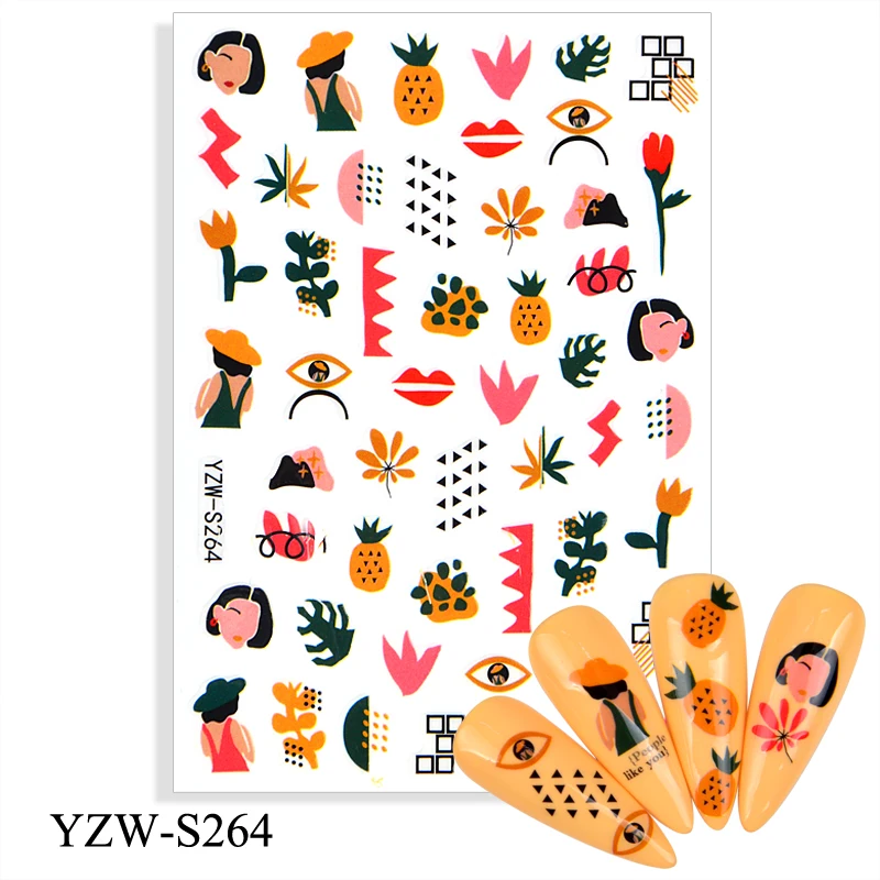 

Самоклеящиеся 3D-Наклейки для ногтей, наклейки с ананасами, цветами, кактусами, девушками, украшения для дизайна ногтей, фольгированные аксе...