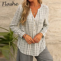 women blouse retro striped print button up shirt women spring autumn long sleeve blouse casual v neck ladies top streetwear