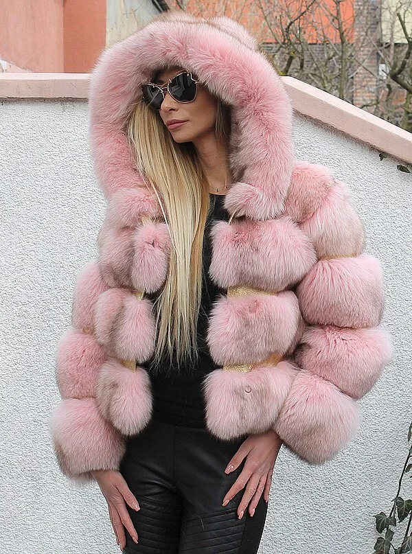 New Women Real Fox Fur Hooded Winter Coats And Jackets Women's Natural Stripe Genuine Fur Outerwear