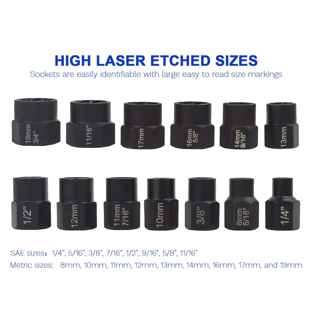 

13Pcs Impact Damaged Bolt Nut Screw Remover Extractor Socket Tool Kit Removal Set Bolt Nut Screw Removal Socket Wrench