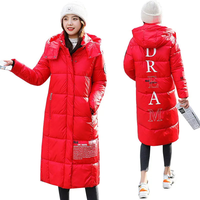 

2021Women Coat Glossy Windproof Cuffs Warm Long Down Jacket Loose Fashion Street Printed Hooded Women Winter Parka Куртка зимняя