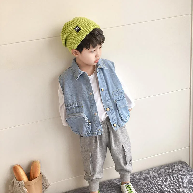

Жилет ручной работы для мальчиков, весенняя одежда, Детский жилет в иностранном стиле, детский джинсовый жилет с карманами, повседневный То...