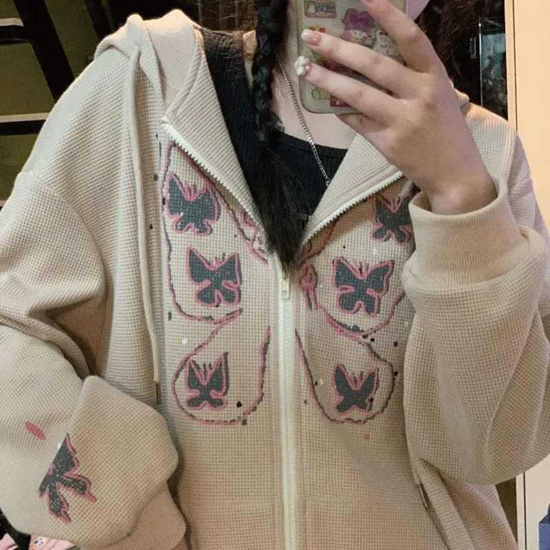 

Harajuku Casual Loose Punk Butterfly Zipper Hoodie Streetwear Gothic Hip Hop Y2K Loose Hooded Sweatshirt Women Clothing Jacket
