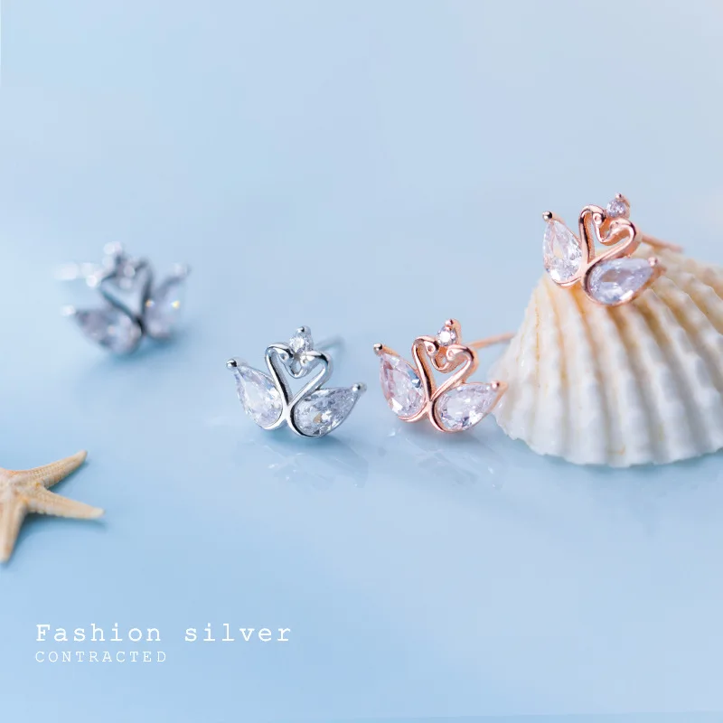 Style Chic Elegant Love Swan Ear Studs 925 Sterling Silver Clear CZ Stud Earrings Engagement Statement Jewelry | Украшения и