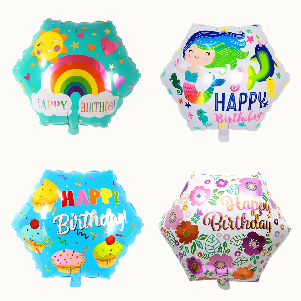 

Rainbow Flower Love Cake Birthday Candle Hexagonal Aluminum Foil Balloon Children's Day Happy Party Decoration Shaped Gift Ball