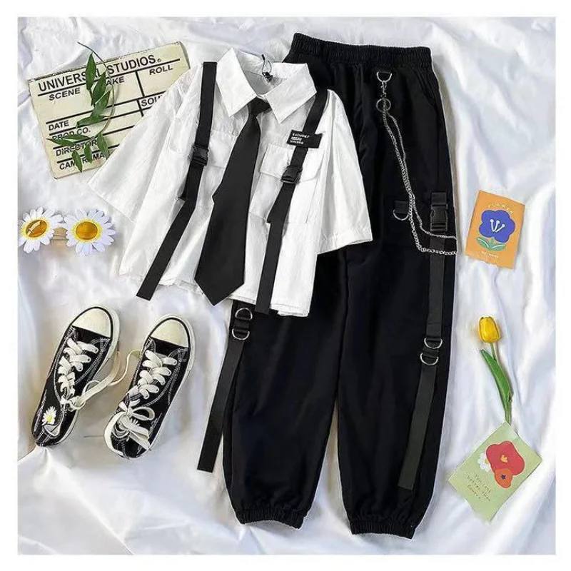 

Women Cargo Pants 2 Two Piece Sets Female Suit Harajuku Shirts Tops + Ribbon Pocket Joggers Elastic Waist with Chain Streetwear
