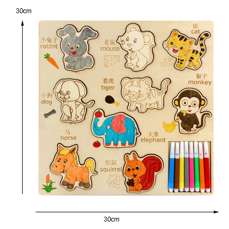 

3 in 1 Children's Wooden Painting Chess Toys Cognitive Matching Cartoon Animal Graffiti Coloring Board Gobang Toy Gift for Kid