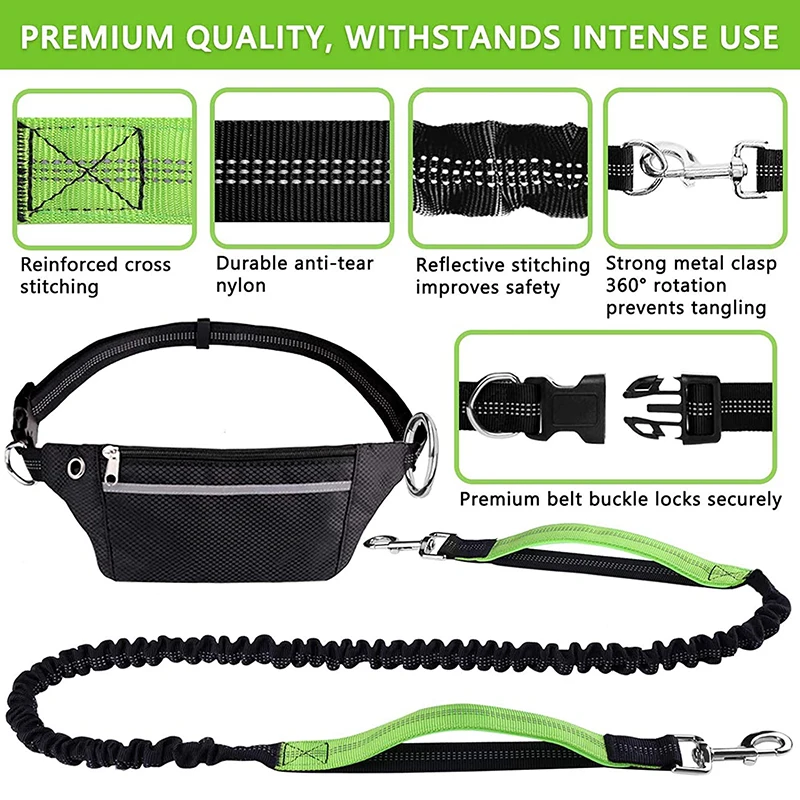 

Hands Free Dog Lead for Running Hiking Retractable Bungee Dog Lead Adjustable Waist Belt Reflective Stitching Double Handle