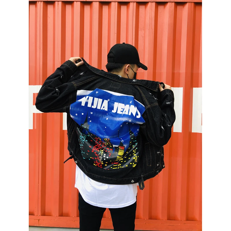 

ABOORUN Fashion Back Printed Denim Jacket Men Hip Hop Streetwear Oversized Distressed Ripped Jeans Jacket for Male R3210