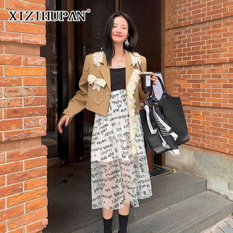 

XIZIHUPAN Elegant Patchwork Bowknot Chain Women's Coat Notched Long Sleeve Fold Pleated Colorblock Slim Blazer Female 2021 Style