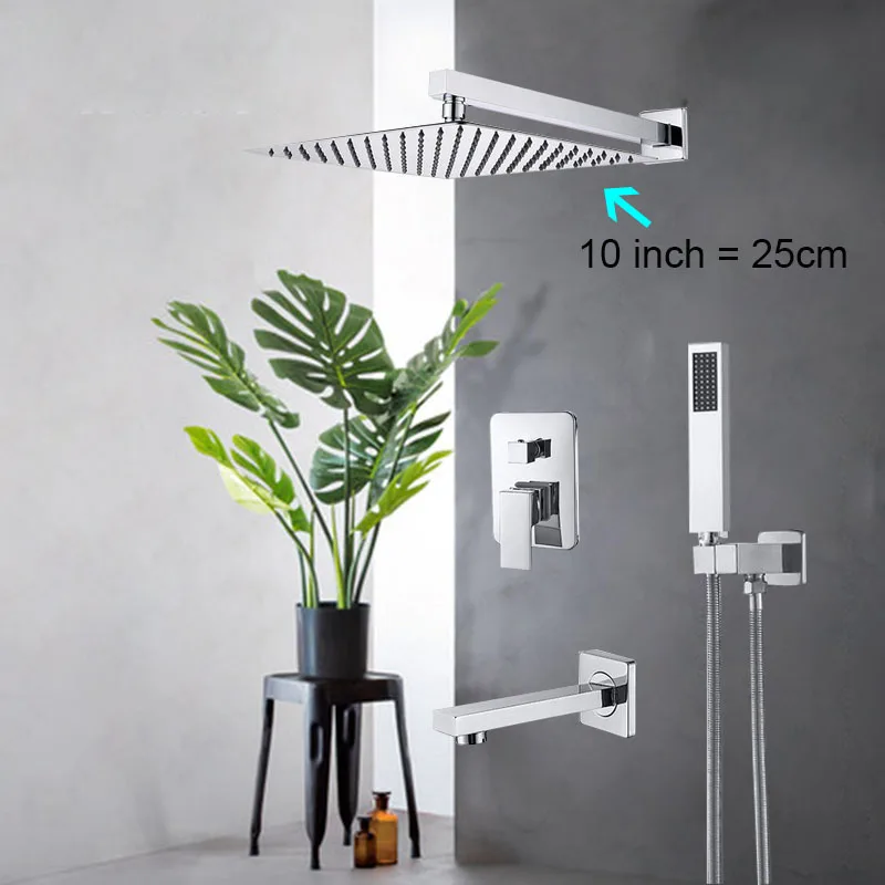 10 inch Faucet Onyzpily набор душевых смесителей настенное крепление Скрытый Ванная комната дождь водопад хромированная Душевая система Ванна смеситель для душа кран - Цвет: 10 inch Faucet