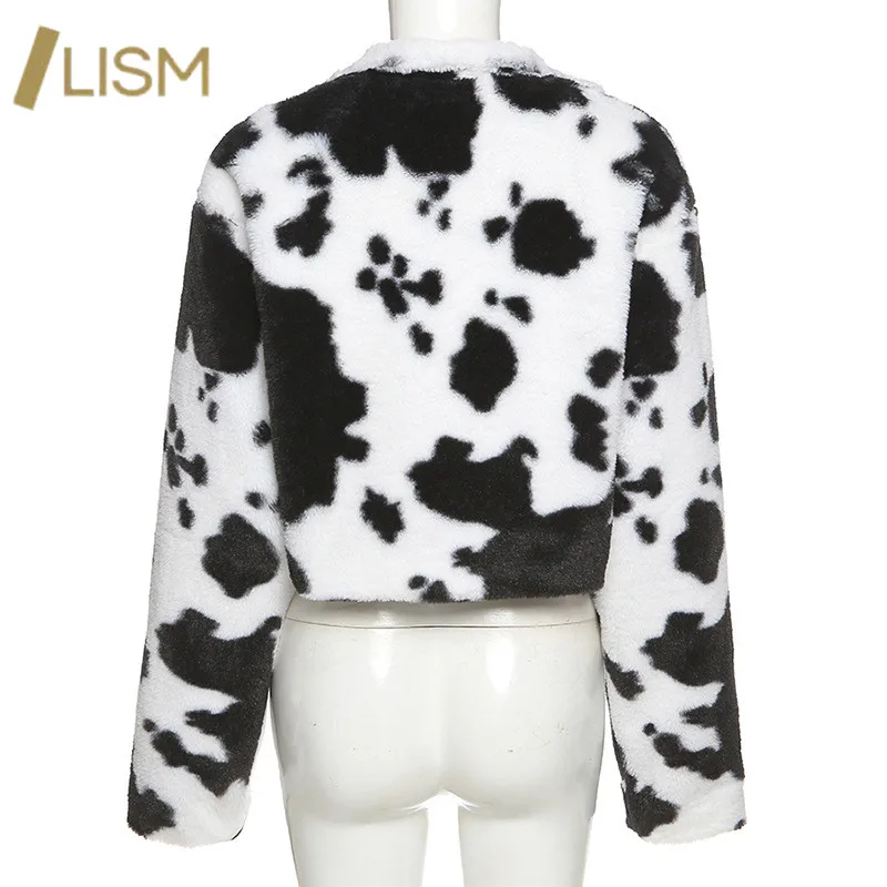 

LISM Cow Print jackets for women Winter Warm Faux Fur Cozy Streetwear Coat Long Sleeve Goth Dark Female Fall Loose Outwear