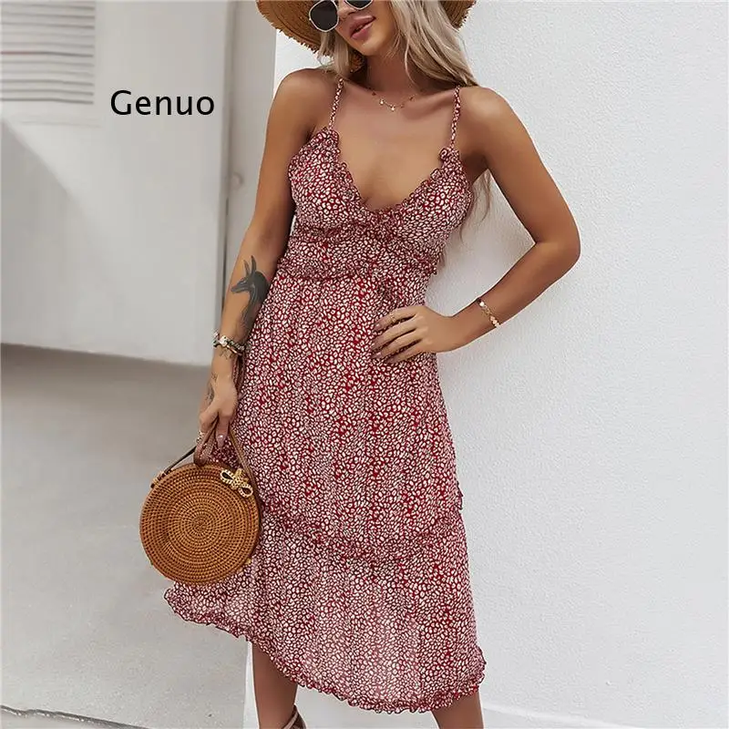 Female Dress Floral Print V-Neck Sleeveless One-Piece Spaghetti Strap Sundress for Summer Red/Black/Blue/Green | Женская одежда
