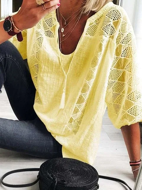 

Large size loose blouse 2020 summer pure cotton blouse solid color casual hollow seven-point sleeve lace blouse