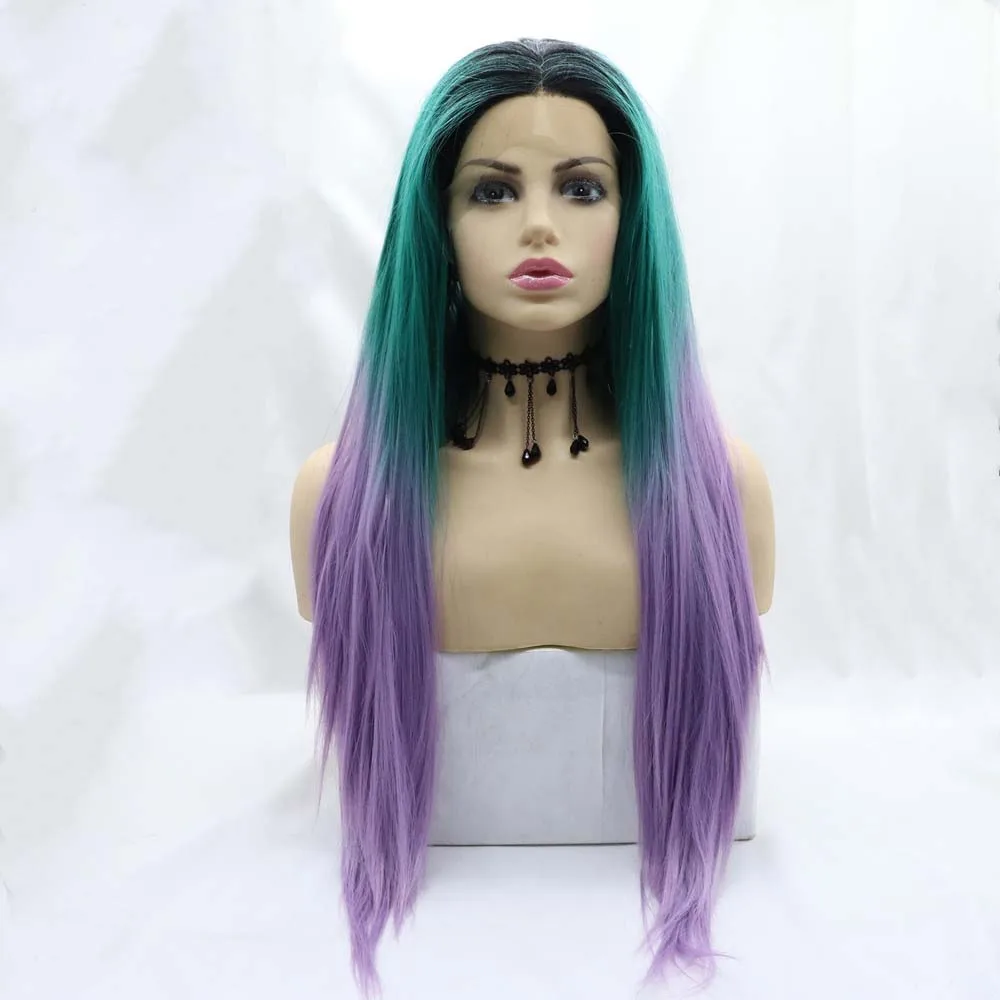 Sylvia Green Ombre Purple Wig Synthetic Lace Front Straight Wig With Dark Roots Heat Resistant Fiber Long Straight Hair Wigs