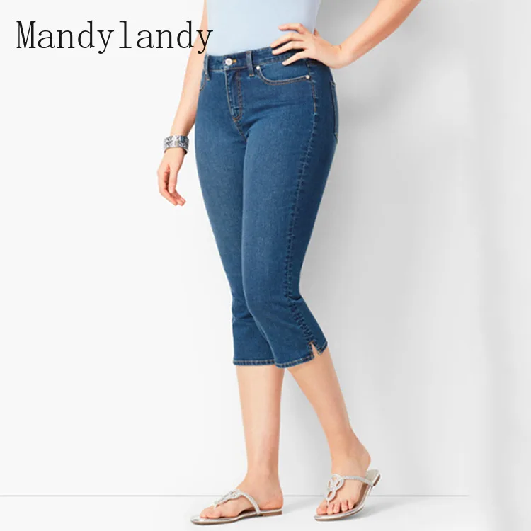 

Mandylandy Calf-Length Jeans Autumn Fashion Mid Waist Button Denim Pencil Pants Women's Casual Solid Color Slim Pocket Jeans