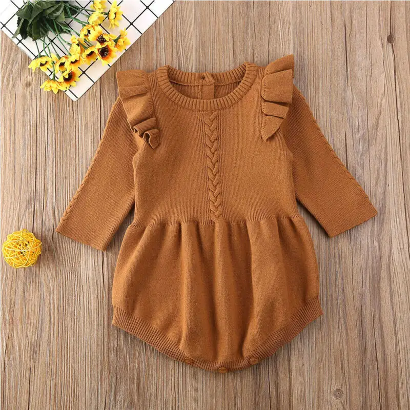 Infant Newborn Baby Girls Playsuit Knitted Spring 0-3Y Autumn Clothing Long Sleeve Solid Ruffled Jumpsuit Outfit | Детская одежда и