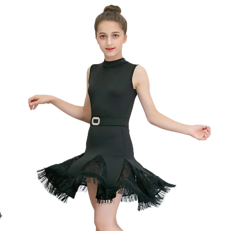 

New Latin Dance Clothes Summer Girls Black Dress Open Back Fringe Lace Skirt Children Performance Outfit Practice Clothing BI479