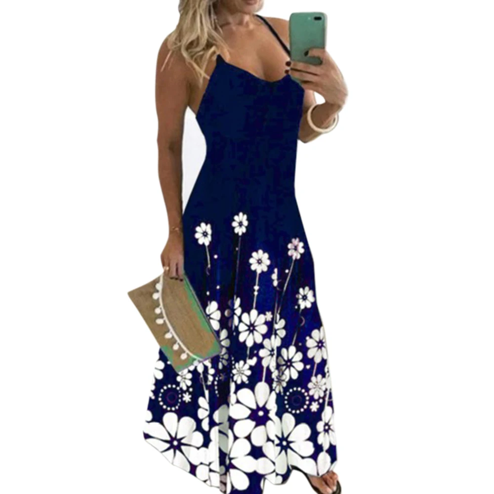 

Women Summer Bohemian Dress V Neck Sexy Floral Print Ankle-Length Vintage Beach Dress Holiday Party Sleeveless Maxi Dress
